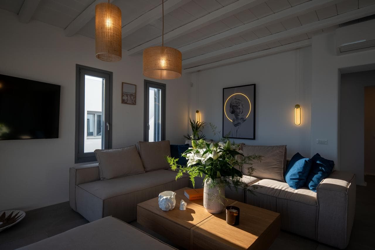 Lounge with sectional sofa in warm evening light