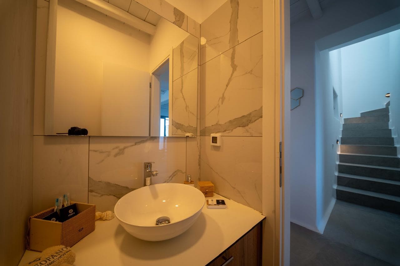 Powder room in warm golden light